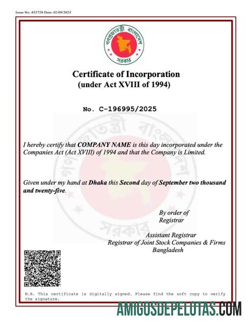 Certificado de Incorporação de Bangladesh para download, modelo Word e PDF